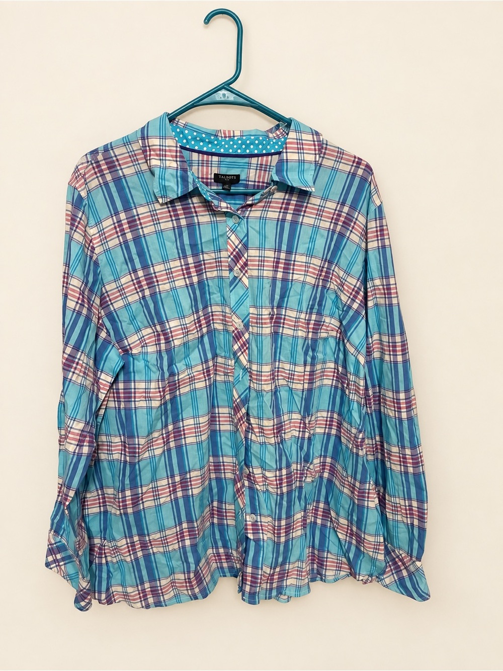 Talbots Plus Size 2X Blue Pink Purple Plaid Button-Down Shirt
